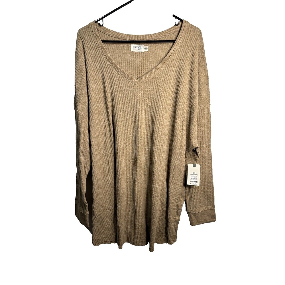 terra‎ & sky womens tan v neck long sleeve shirt plus size 2X 20w 22w